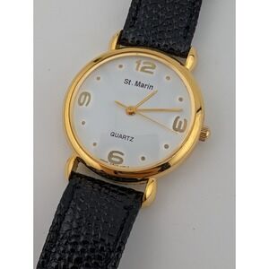 Vintage St. Marin Watch Women 32mm Gold Case Black Leather‎ Band- New Battery
